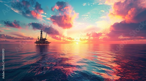 Offshore Oil Rig at Sunset. Industrial Energy Platform photo