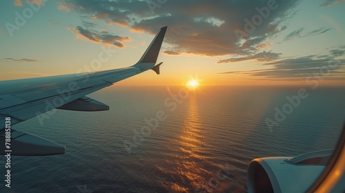 Sunset Flight Dreams: Overlooking Islands from a Plane's Wing at Dusk © lemoncraft