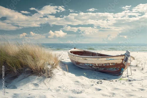 Generative AI : Old fishing boat on the beach photo