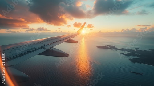 Sunset Flight Dreams: Overlooking Islands from a Plane's Wing at Dusk © lemoncraft