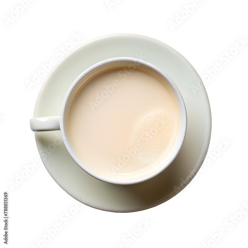 Cup with milk on white background. Top view 
