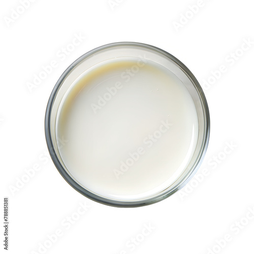 Cup with milk on white background. Top view 
