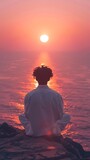 Generative AI : man watching sunrise, sitting in lotus pose, ocean view