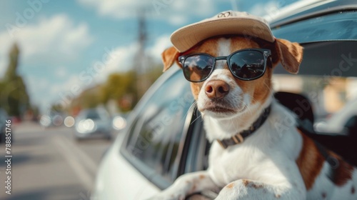 Trendy hat wearing Small dog breed Jack Russell Terrier looks out the open window of the car. Closeup © PaulShlykov