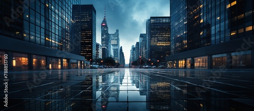 night scene of modern city with skyscrapers and reflection in water photo