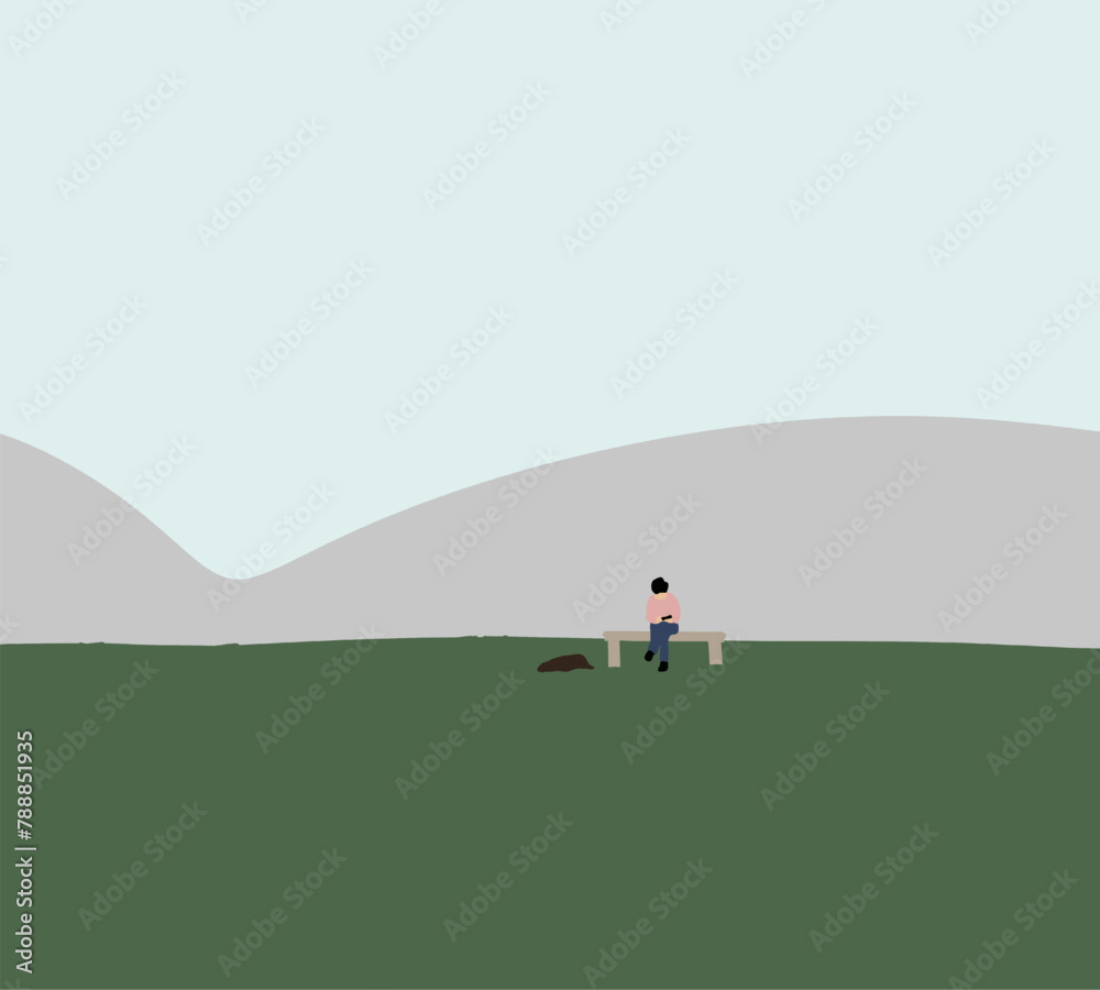 Woman sitting on bench with pet dog green meadow in city park spend time together. Modern Lifestyle Concept. Woman sitting on bench with pet dog green meadow in city park spend time together. Modern Lifestyle Concept.