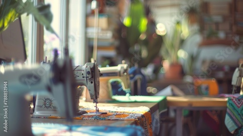 Softly blurred silhouettes of sewing machines and colorful ethically sourced fabrics in a workshop dedicated to empowering local artisans and promoting sustainable fashion practices. . photo