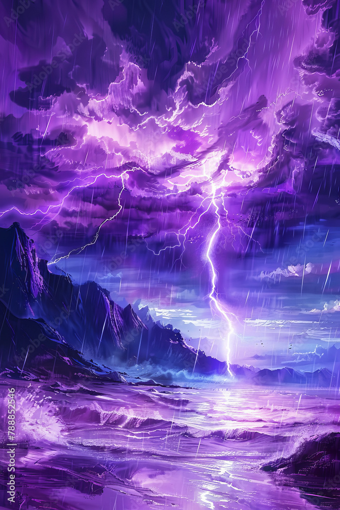 A purple sky with a lightning bolt in the middle