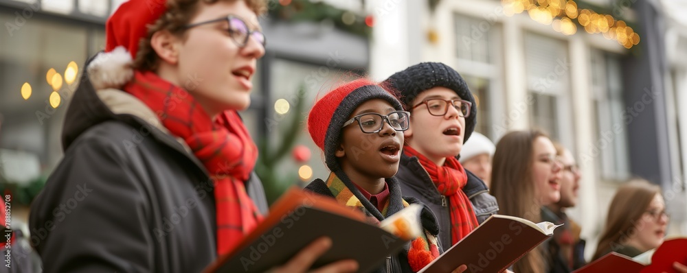 Group of multiracial teenagers Carolers singing traditional songs in city street on Christmas eve, Christmas traditional banner backgrounds.