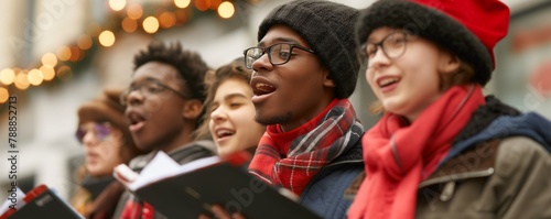 Group of multiracial teenagers Carolers singing traditional songs in city street on Christmas eve, Christmas traditional banner backgrounds. photo