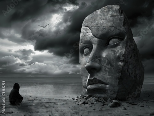 Abstract picture where a man sits alone in thought in front of a large statue In the form of a face, Symbolizes the inability to make a decision and hopelessness photo
