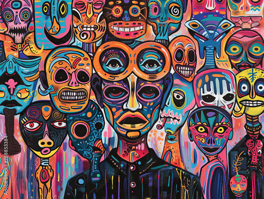 A painting of many faces with one man in the middle