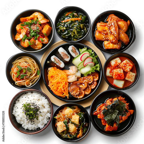 top view realistic group of korea food, plain white background 