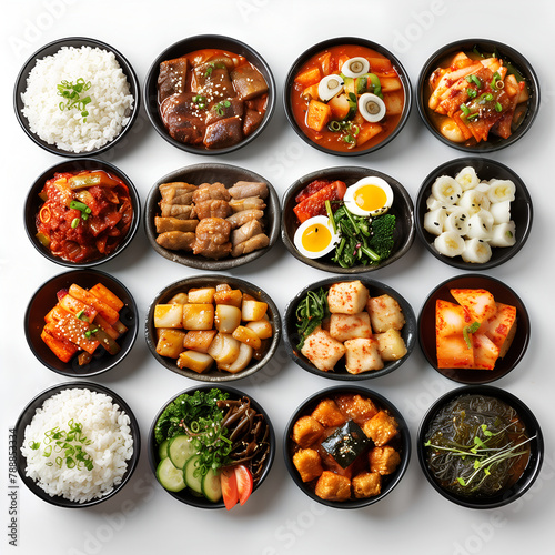 top view realistic group of korea food, plain white background 