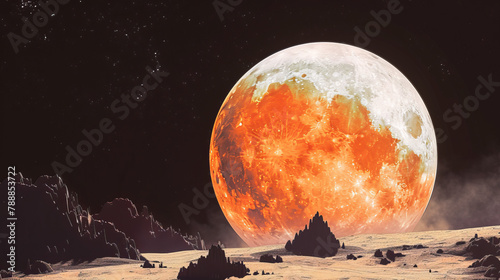 A red moon is in the sky above a rocky, barren landscape