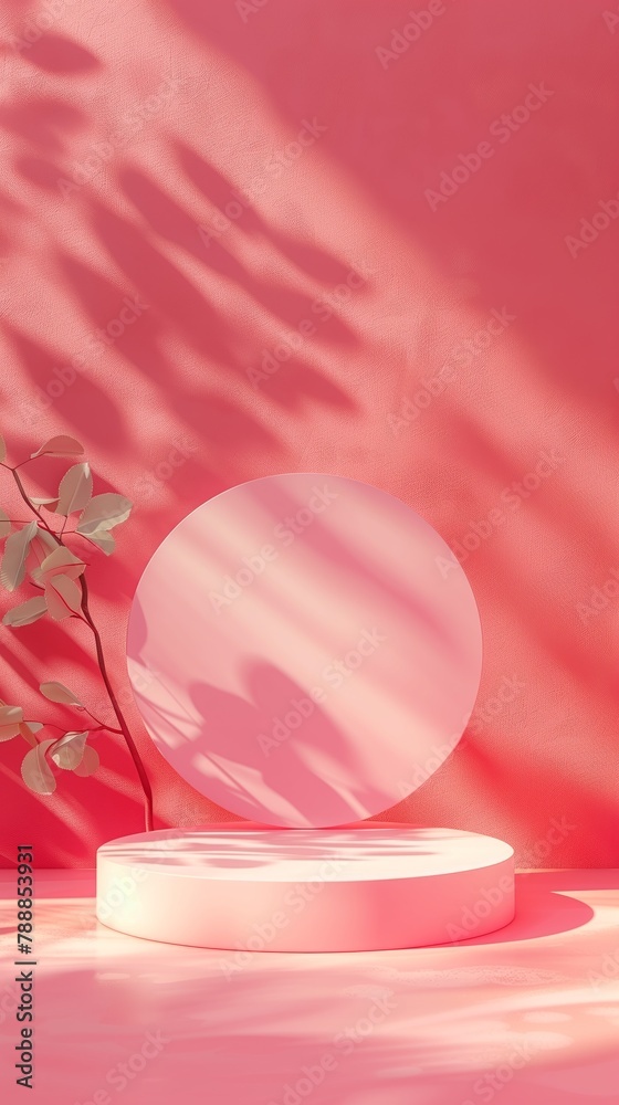 Pink minimalist podium with circular shapes, modern product display. Studio lights Pink minimalist podium with circular shapes, modern product display. Studio lights