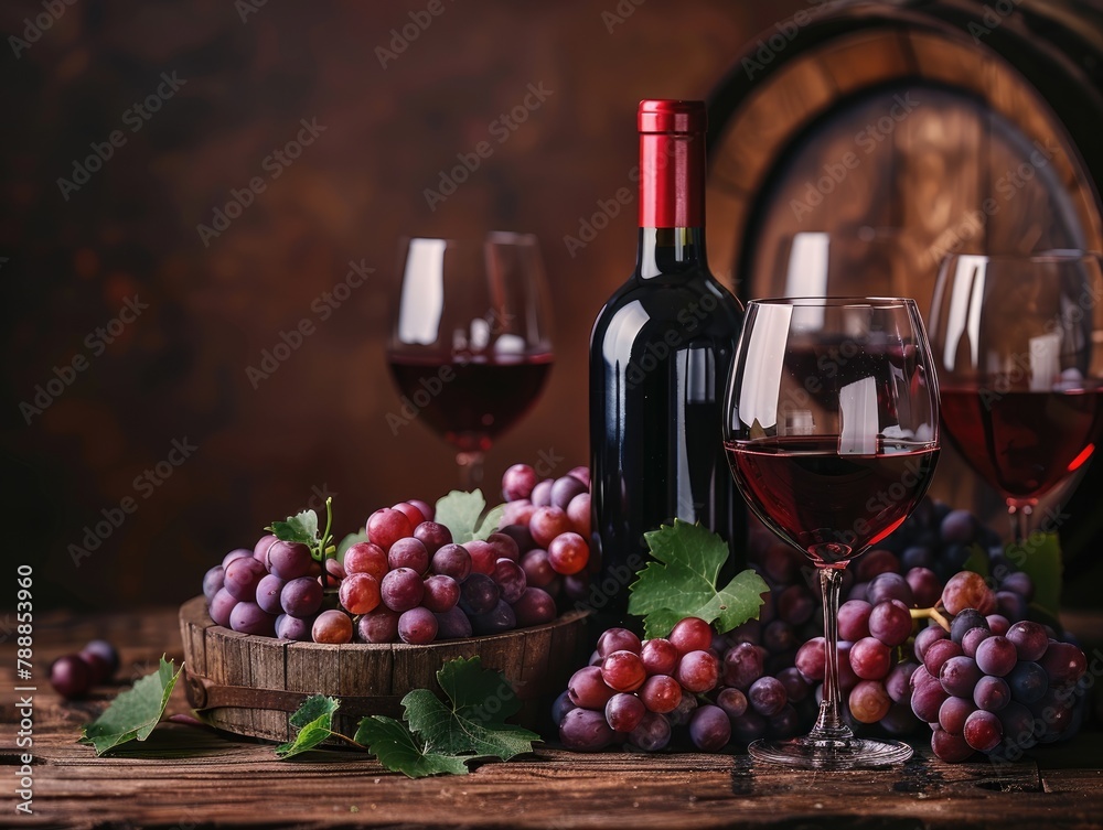 The wine and glasses in the wine cellar, grapes.