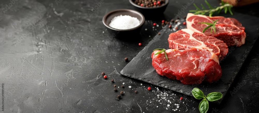 Aged meat cuts displayed on a dark cement surface alongside seasonings such as salt and pepper.