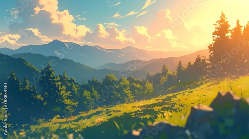 Epic view of a mountain illustration. Vibrant blue sky against its surroundings, creating a visually striking contrast of depth of field.