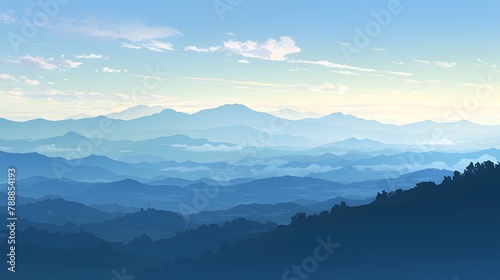 Epic view of a mountain illustration. Vibrant blue sky against its surroundings, creating a visually striking contrast of depth of field. © KHF