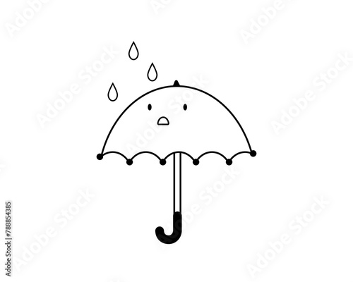 雨に降られるかわいい傘のシンプルな線画イラスト
