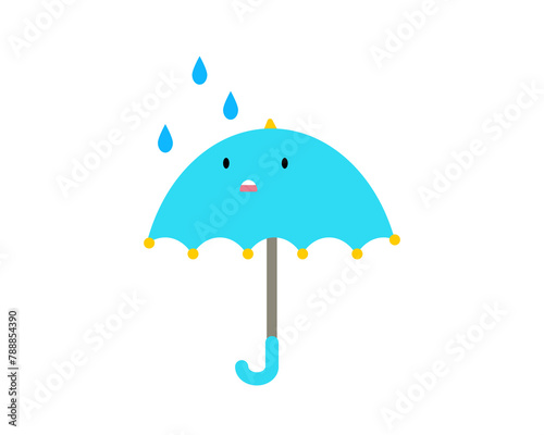 シンプルでかわいい雨に降られる水色の傘のイラスト
