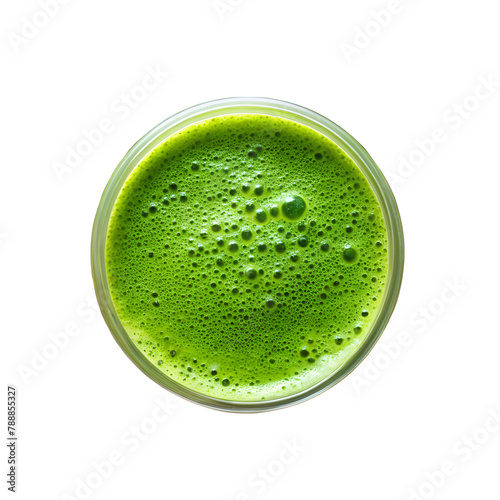 Glass of fresh juice on transparent background top view