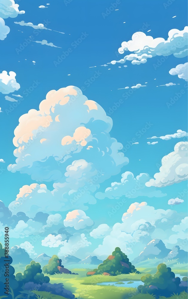 Fototapeta premium 青空と白い雲が広がる自然風景のファンタジーイラスト