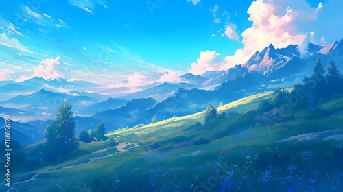 Epic view of a mountain illustration. Vibrant blue sky against its surroundings, creating a visually striking contrast of depth of field.