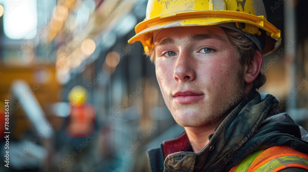 A young man in uniform is hard at work at a construction site sporting a vibrant yellow hard hat during the daytime A young man in uniform is hard at work at a construction site sporting a vibrant yellow hard hat during the daytime
