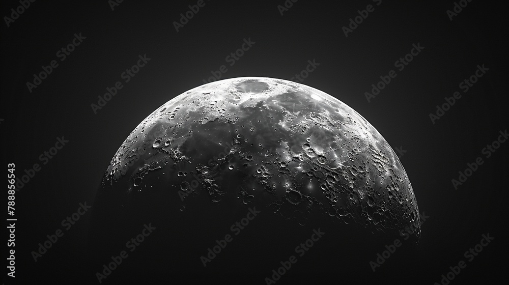 The crescent moon is illuminated by the glow of sunlight, casts shadows on its relief. Black background. Generative AI The crescent moon is illuminated by the glow of sunlight, casts shadows on its relief. Black background. Generative AI