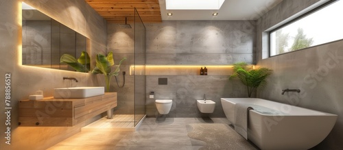 Contemporary bathroom design featuring a simple shower with modern lighting, along with a white toilet, sink, bathtub, and skylights. photo