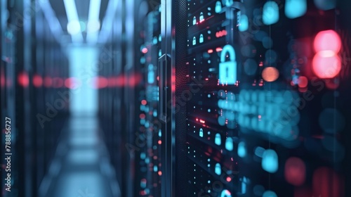 Defocused image of a virtual storage server surrounded by blurred padlocks representing the reliability and safety of using secure cloud storage systems. . photo