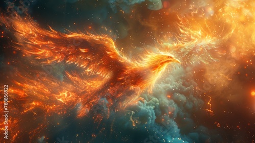 A majestic phoenix reborn from digital ashes in a blaze of holographic flames photo