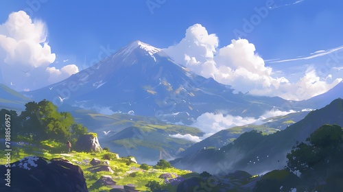 Epic view of a mountain illustration. Vibrant blue sky against its surroundings  creating a visually striking contrast of depth of field.