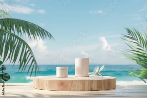 Summer product display on wooden podium at sea tropical beach - generative ai