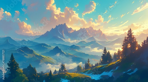 Epic view of a mountain illustration. Vibrant blue sky against its surroundings, creating a visually striking contrast of depth of field. photo