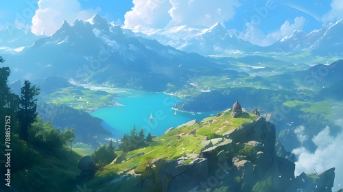 Epic view of a mountain illustration. Vibrant blue sky against its surroundings  creating a visually striking contrast of depth of field.