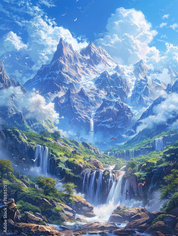 Illustration, towering mountains, rocks Illustration, towering mountains, rocks