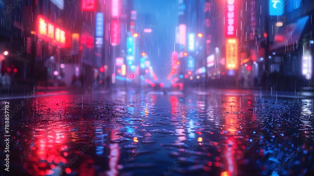 Rainy Night in Neon-Lit City with Reflective Wet Streets and Blurred Traffic Lights
