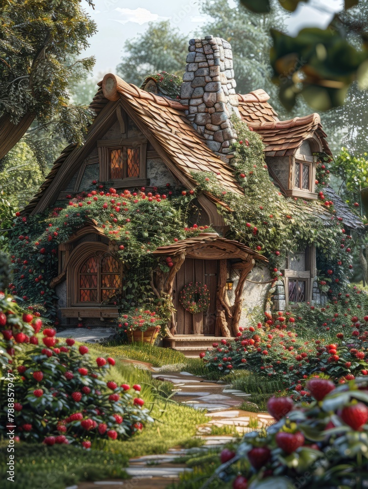 A small wooden house covered in red fruits A small wooden house covered in red fruits