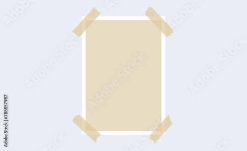 Image frame glued on adhesive tape. Photo template for mockup, poster design, banner, flyer, brochure, mood board, photo album. Empty beige rectangle paper note piece. Vector blank memo
