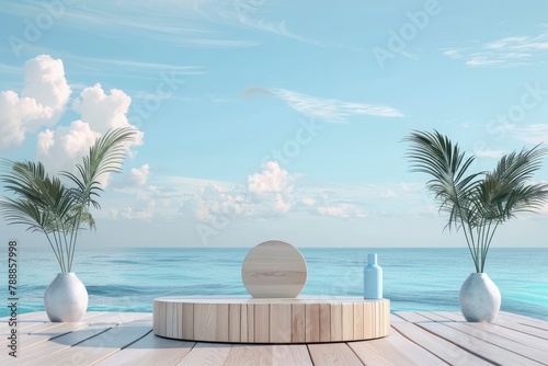 Summer product display on wooden podium at sea tropical beach - generative ai