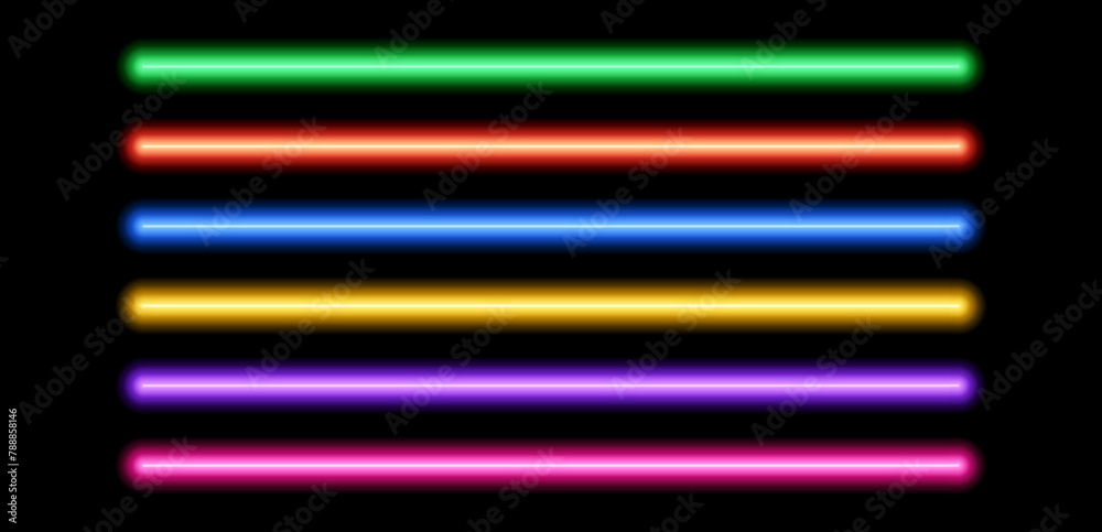 Neon tube lamp set. Glowing led light line beam collection. Bright luminous fluorescent bar stick lines. Shining colorful strip element pack to divide, separate, decorate. Vector illustration Neon tube lamp set. Glowing led light line beam collection. Bright luminous fluorescent bar stick lines. Shining colorful strip element pack to divide, separate, decorate. Vector illustration
