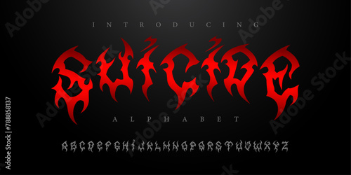 Suicide horror halloween Font Uppercase Lowercase and Number. Spooky Lettering Minimal Fashion Designs. Typography modern serif fonts regular decorative vintage concept. vector illustration
