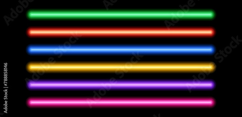 Neon tube lamp set. Glowing led light line beam collection. Bright luminous fluorescent bar stick lines. Shining colorful strip element pack to divide, separate, decorate. Vector illustration