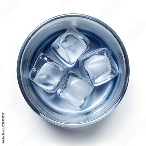 Cup of water with ice cubes on white background, Top view.