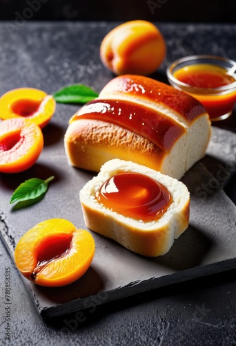 A delicious fresh roll with apricot jam presented on a dark concrete background.