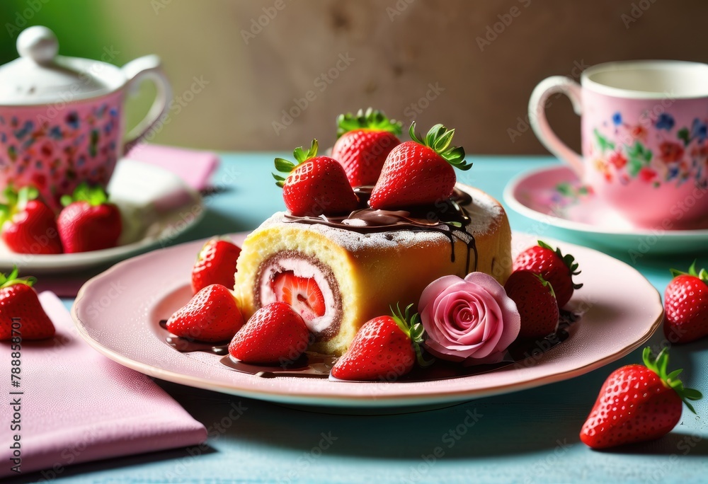 A pink plate adorned with pieces of delicious sponge cake roll A pink plate adorned with pieces of delicious sponge cake roll