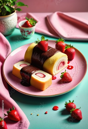 A pink plate adorned with pieces of delicious sponge cake roll